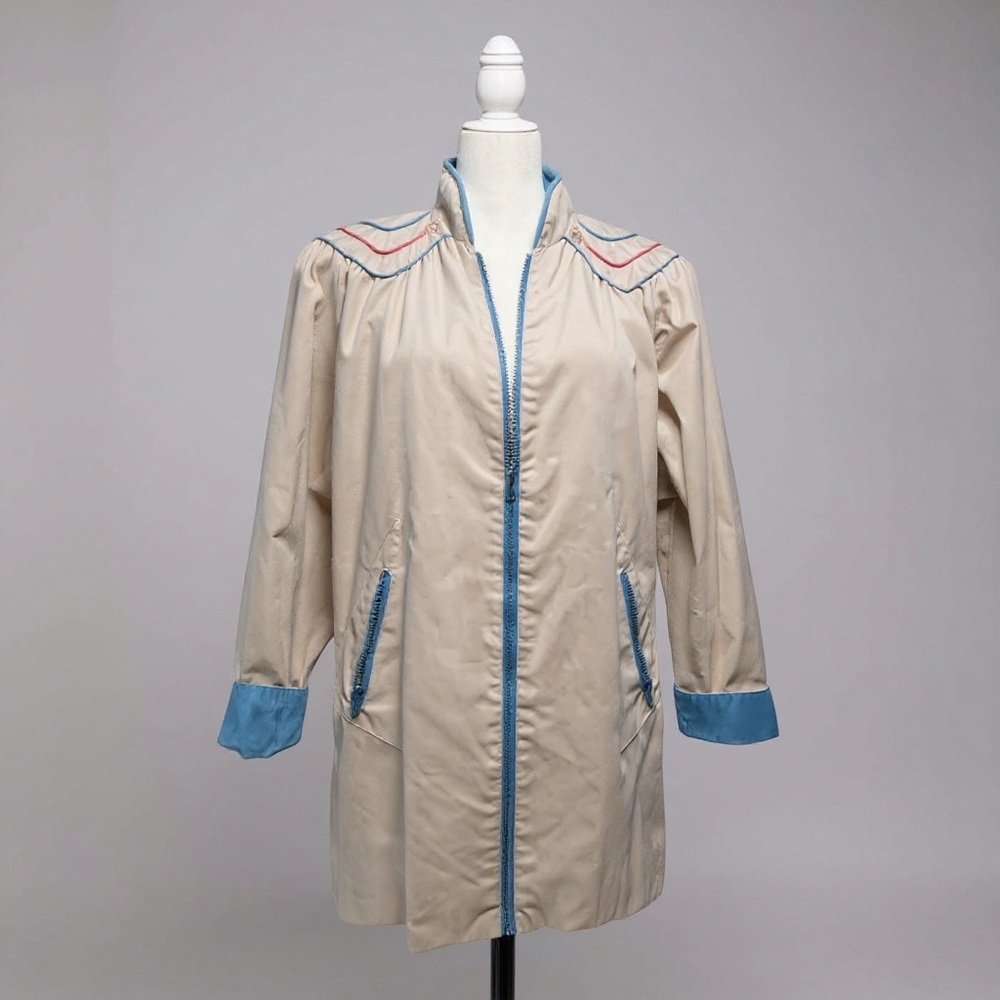 Vintage Mulberry Street Women's Tan and Blue Long Jacket